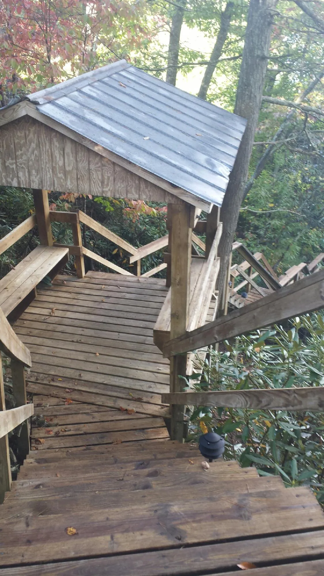 Metal roofed shelter over wooden steps on a wooded walkway — Skylight Repair & Installation work by our crew in Sagle